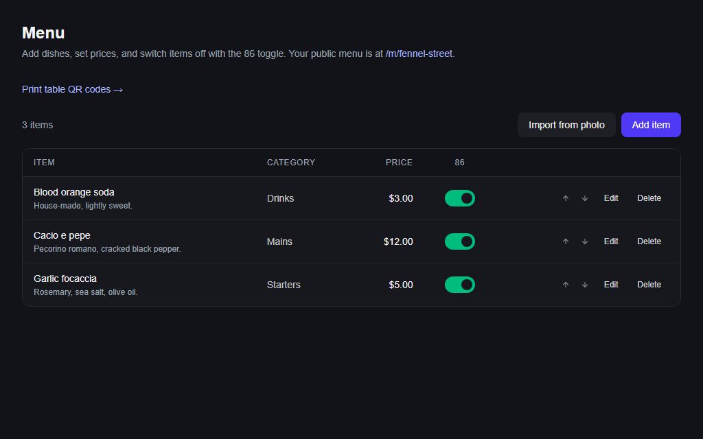 The menu editor: three dishes with category, price and an availability toggle each, reorder arrows, Edit and Delete actions, and an Import from photo button beside Add item.